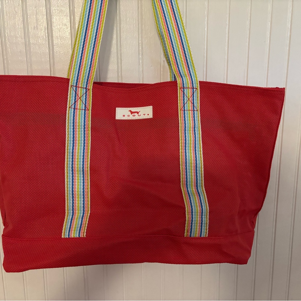Scout Woven Watermelon Red Tote Bag with Rainbow Straps